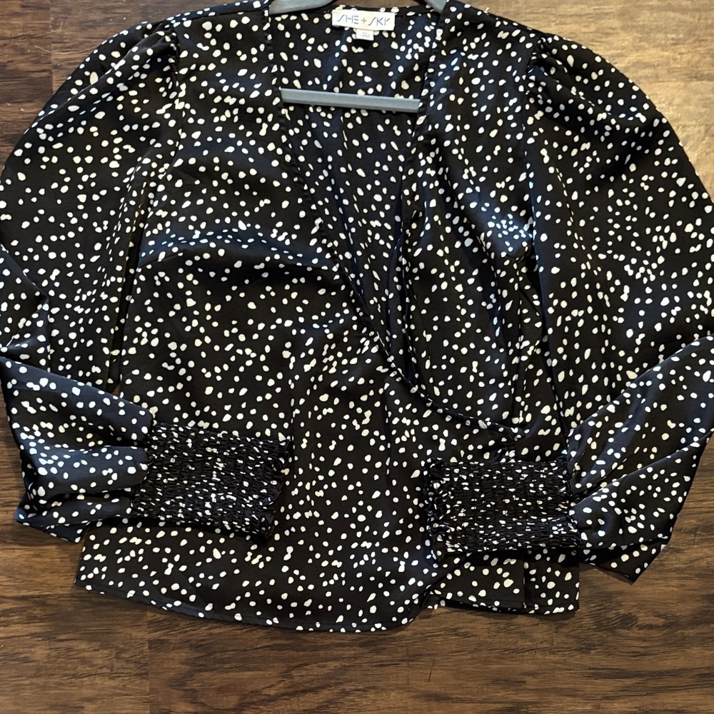 She + Sky Black Blouse with White Dot Print and Smocked Cuffs